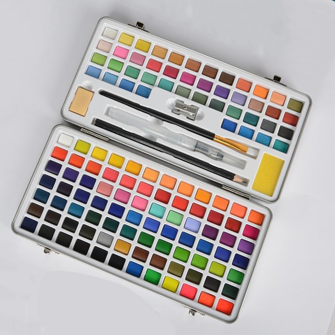 128 Color Watercolor Paint Set, 72 Regular, 44 Metal, 6 Macaron & 6 Fluorescent Colors, 1 Drawing Pen, 1 Water Brush Pen & Accessories with Portable Carrying Case for Beginners Professionals (128)